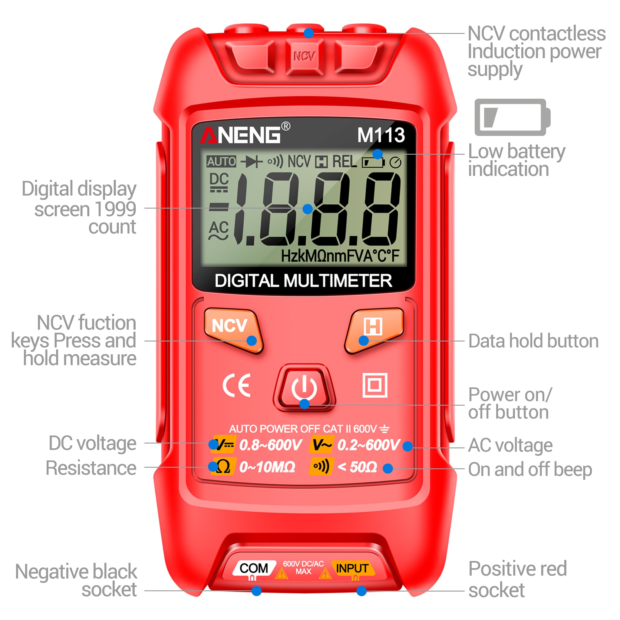 ANENG M113 Mini Digital Multimeter AC/DC Voltage Meter 1999 Counts Multimetro Ohm NCV Electricity Tools Measuring Instruments