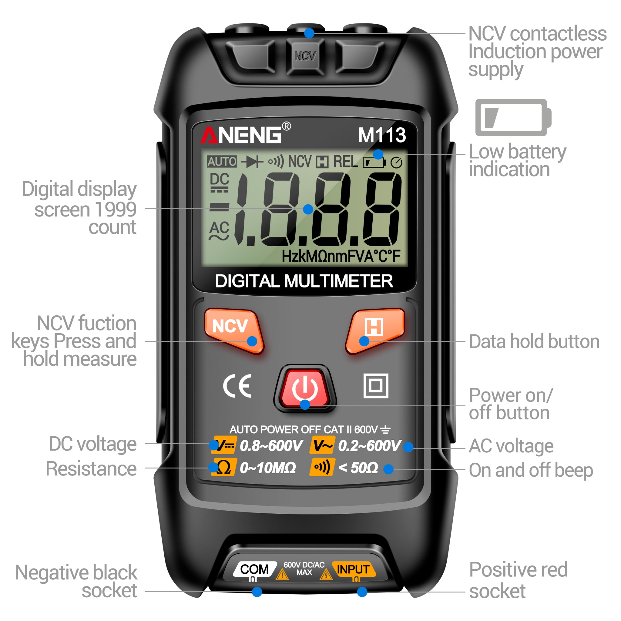 ANENG M113 Mini Digital Multimeter AC/DC Voltage Meter 1999 Counts Multimetro Ohm NCV Electricity Tools Measuring Instruments
