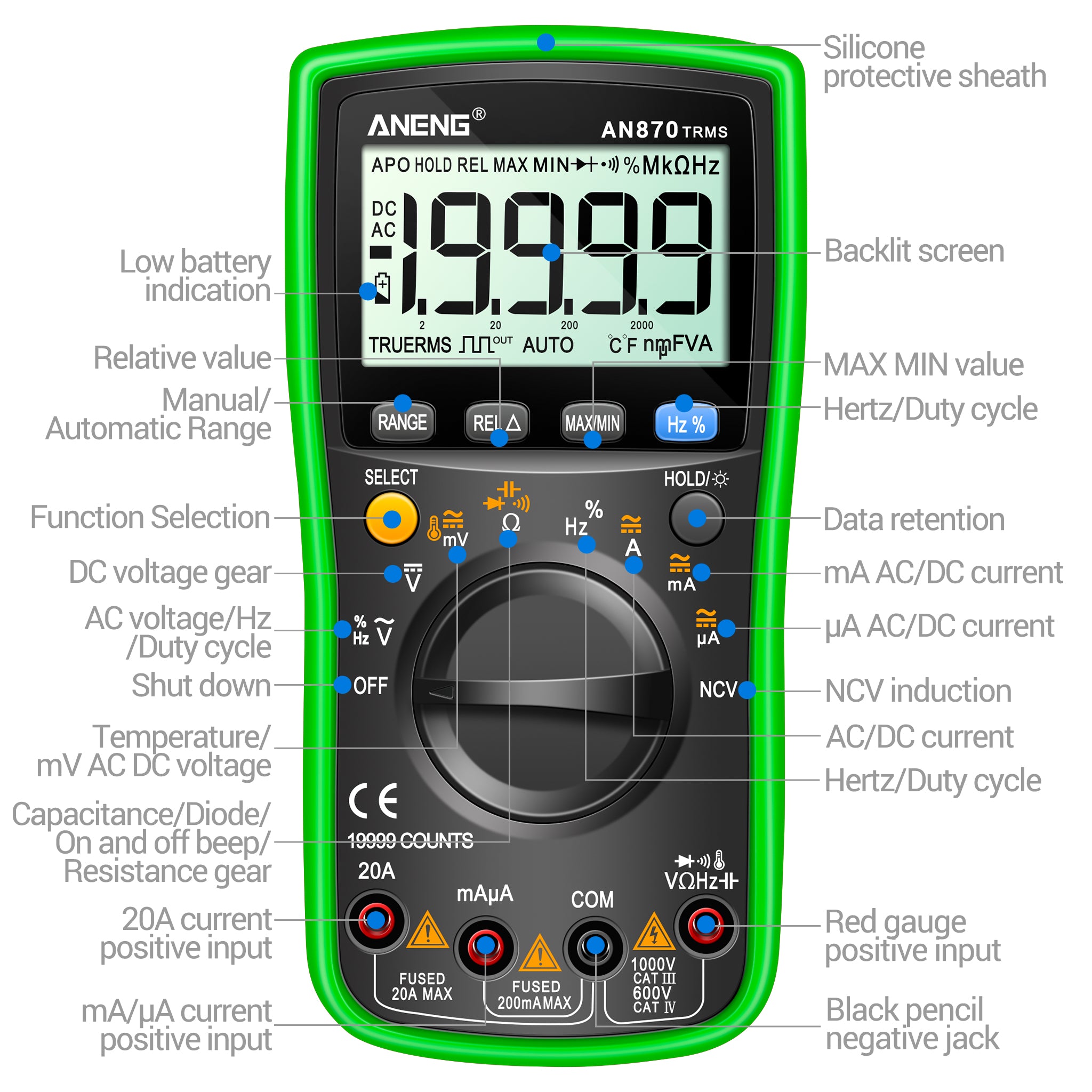 ANENG AN870 Digital Multimeter 19999 Counts True Rms Multimeters Transistor Tester Voltimetro Profesional Capacitance Meter
