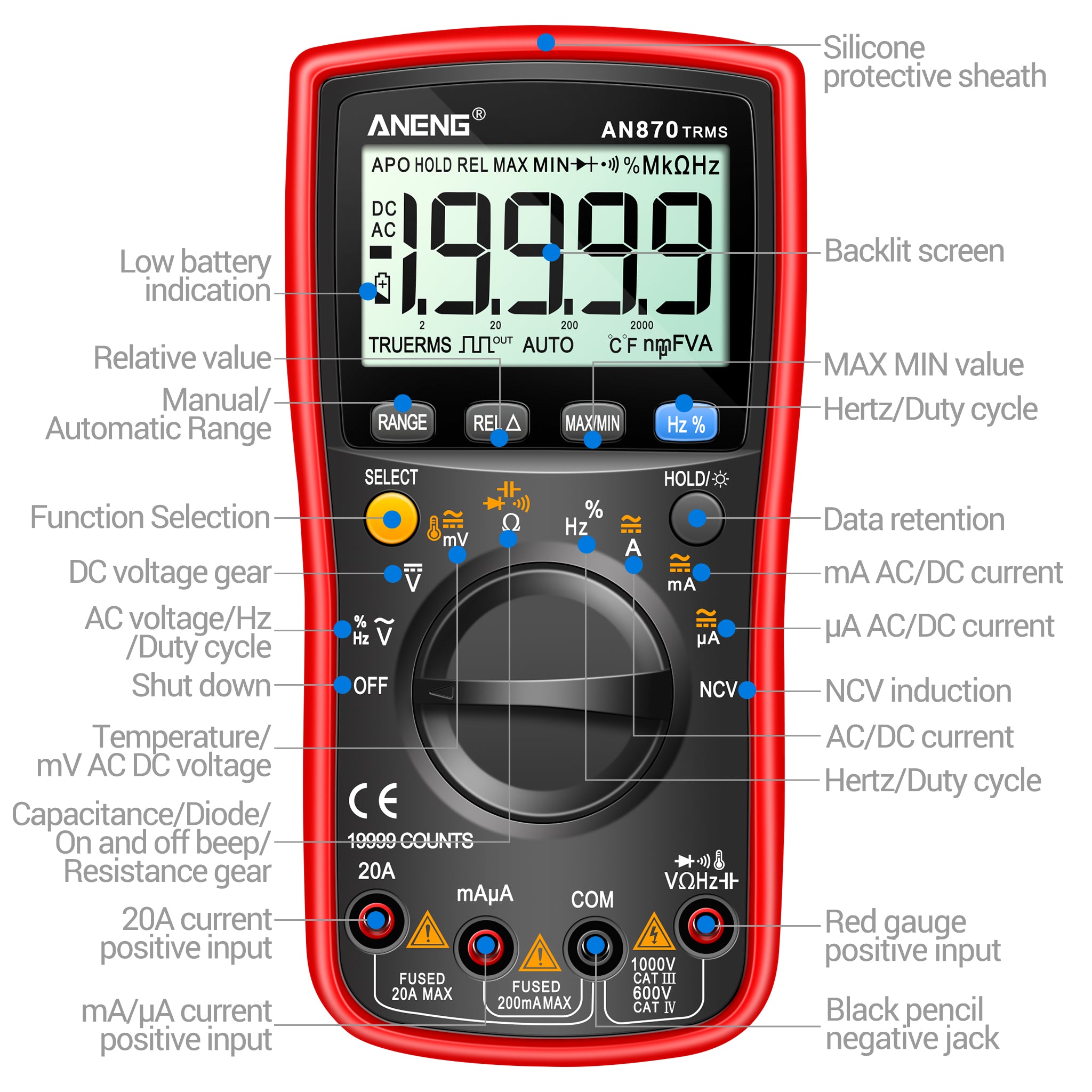 ANENG AN870 Digital Multimeter 19999 Counts True Rms Multimeters Transistor Tester Voltimetro Profesional Capacitance Meter