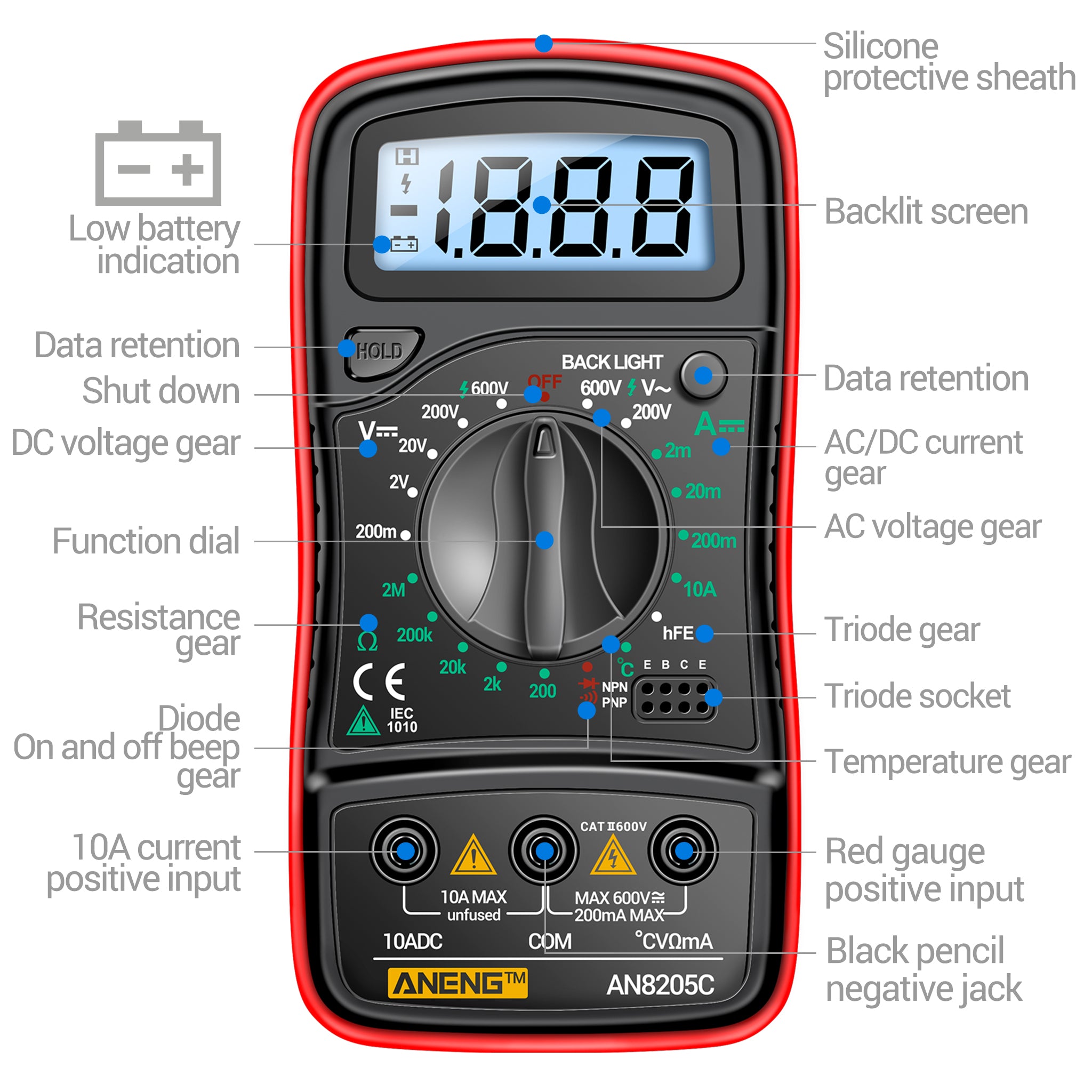 ANENG AN8205C Digital Multimeter AC/DC Ammeter Volt Ohm Multimetro Tester Meter With Thermocouple LCD Backlight Portable