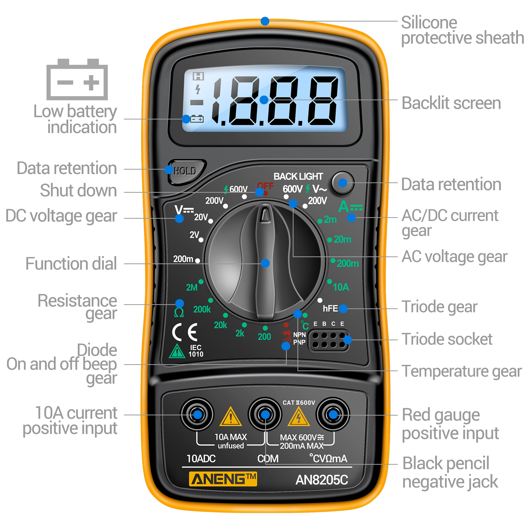 ANENG AN8205C Digital Multimeter AC/DC Ammeter Volt Ohm Multimetro Tester Meter With Thermocouple LCD Backlight Portable