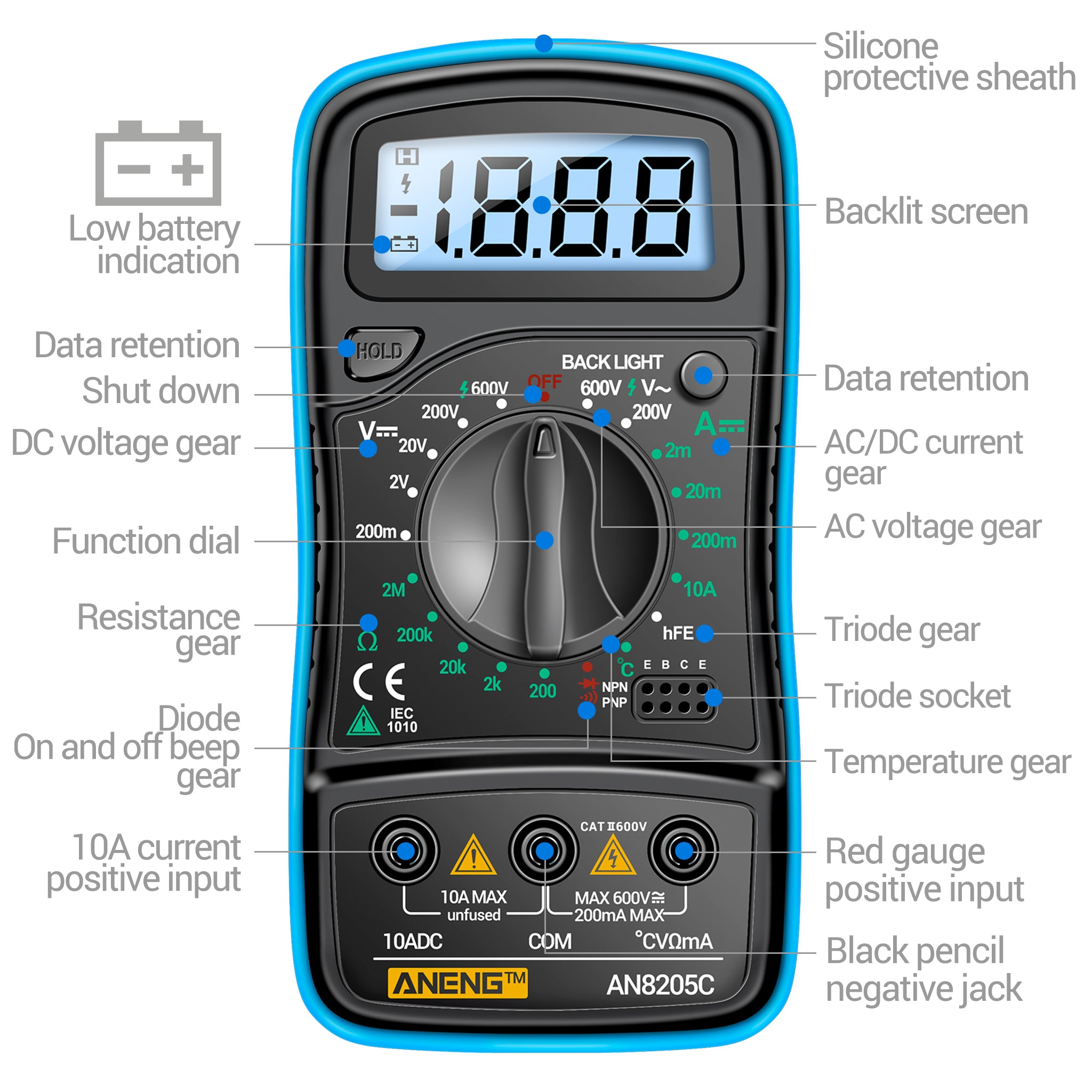 ANENG AN8205C Digital Multimeter AC/DC Ammeter Volt Ohm Multimetro Tester Meter With Thermocouple LCD Backlight Portable