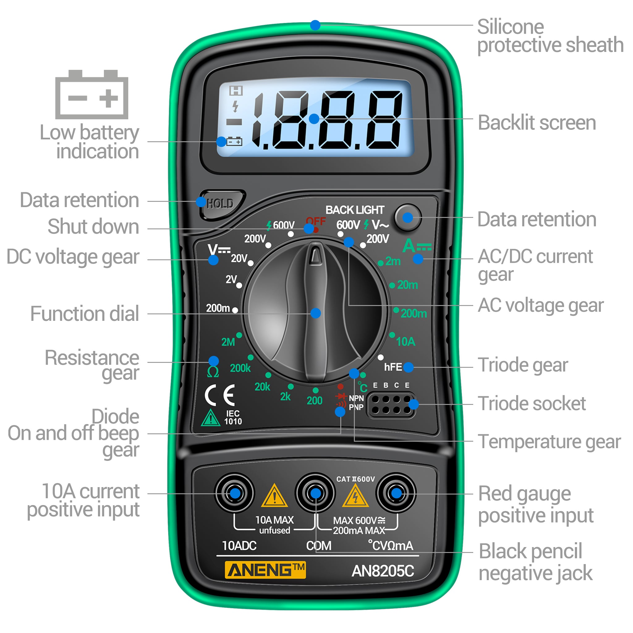 ANENG AN8205C Digital Multimeter AC/DC Ammeter Volt Ohm Multimetro Tester Meter With Thermocouple LCD Backlight Portable