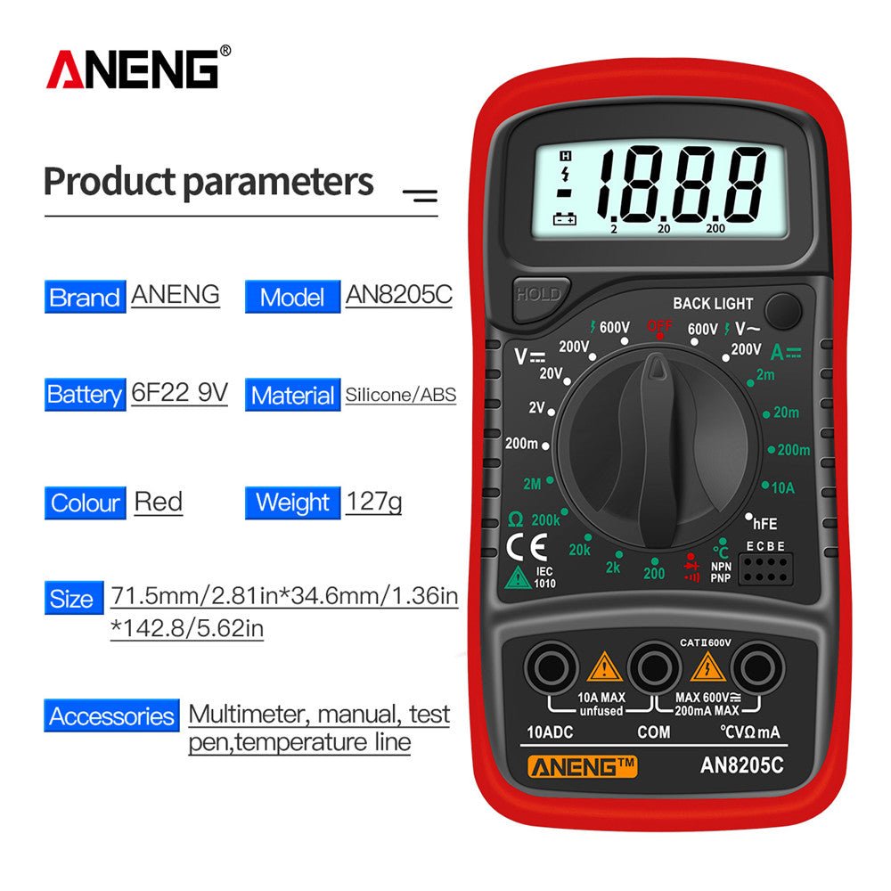 ANENG AN8205C Digital Multimeter AC/DC Ammeter Volt Ohm Multimetro Tester Meter With Thermocouple LCD Backlight Portable - ANENG TOOLS