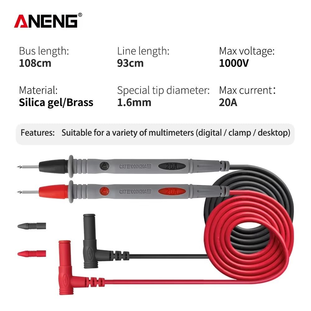 PT1034 Silicone Multimeter Test Lead + Crocodile Test Clip 1000V Flame Retardant Needle Probe - ANENG TOOLS